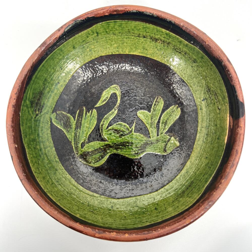 Vintage Patamban Michoacan Green Bowl Redware Pottery Mexico Folk Art